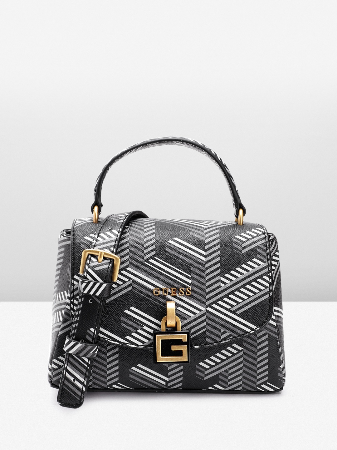 

GUESS Women Brand Logo Printed Structured Satchel Bag, Black