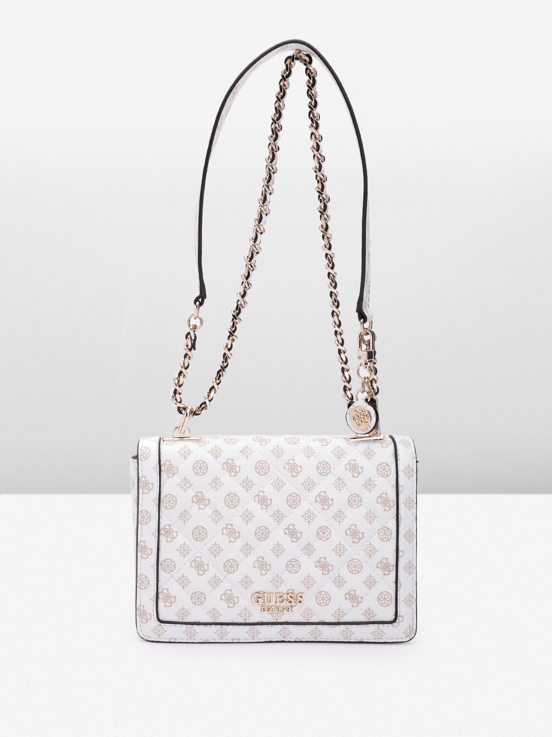 

GUESS Brand Logo Printed Structured Shoulder Bag with Quilted Detail, White