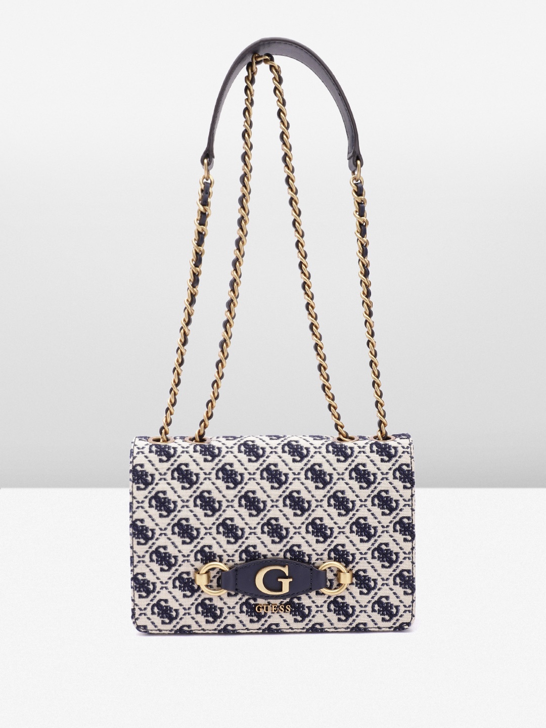 

GUESS Women Brand Logo Woven Design Structured Sling Bag, Cream
