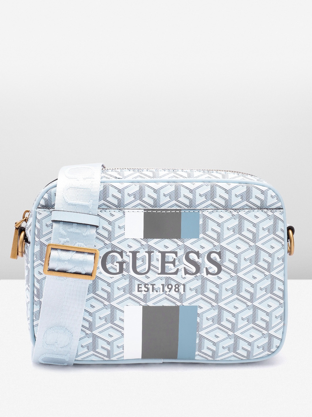 

GUESS Women Geometric Printed Structured Sling Bag, Blue