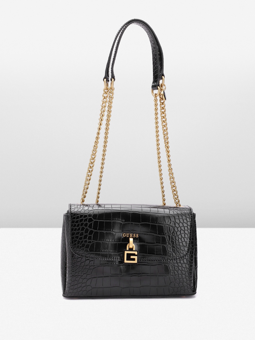 

GUESS Women Croc Textured Structured Sling Bag, Black