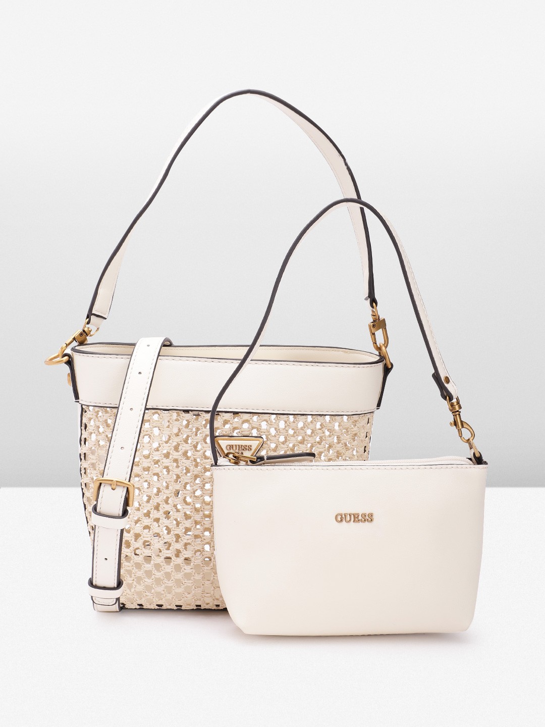 

GUESS Women Basket Weave Structured Shoulder Bag with Pouch, Beige