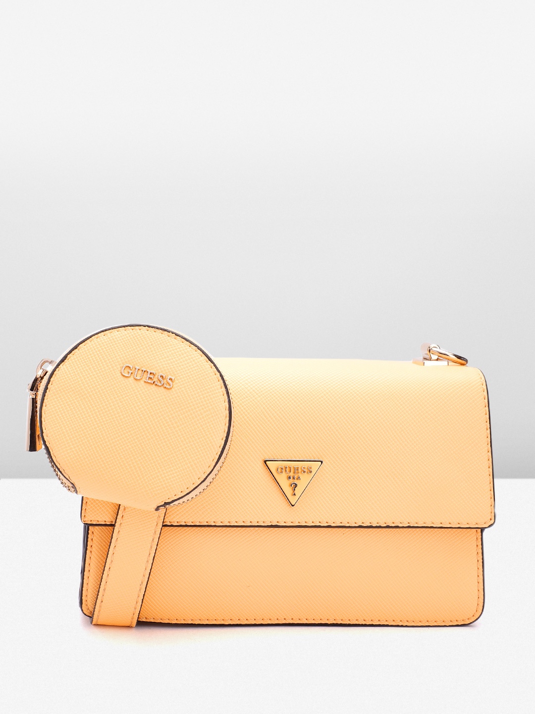 

GUESS Peach-Coloured Textured PU Structured Sling Bag