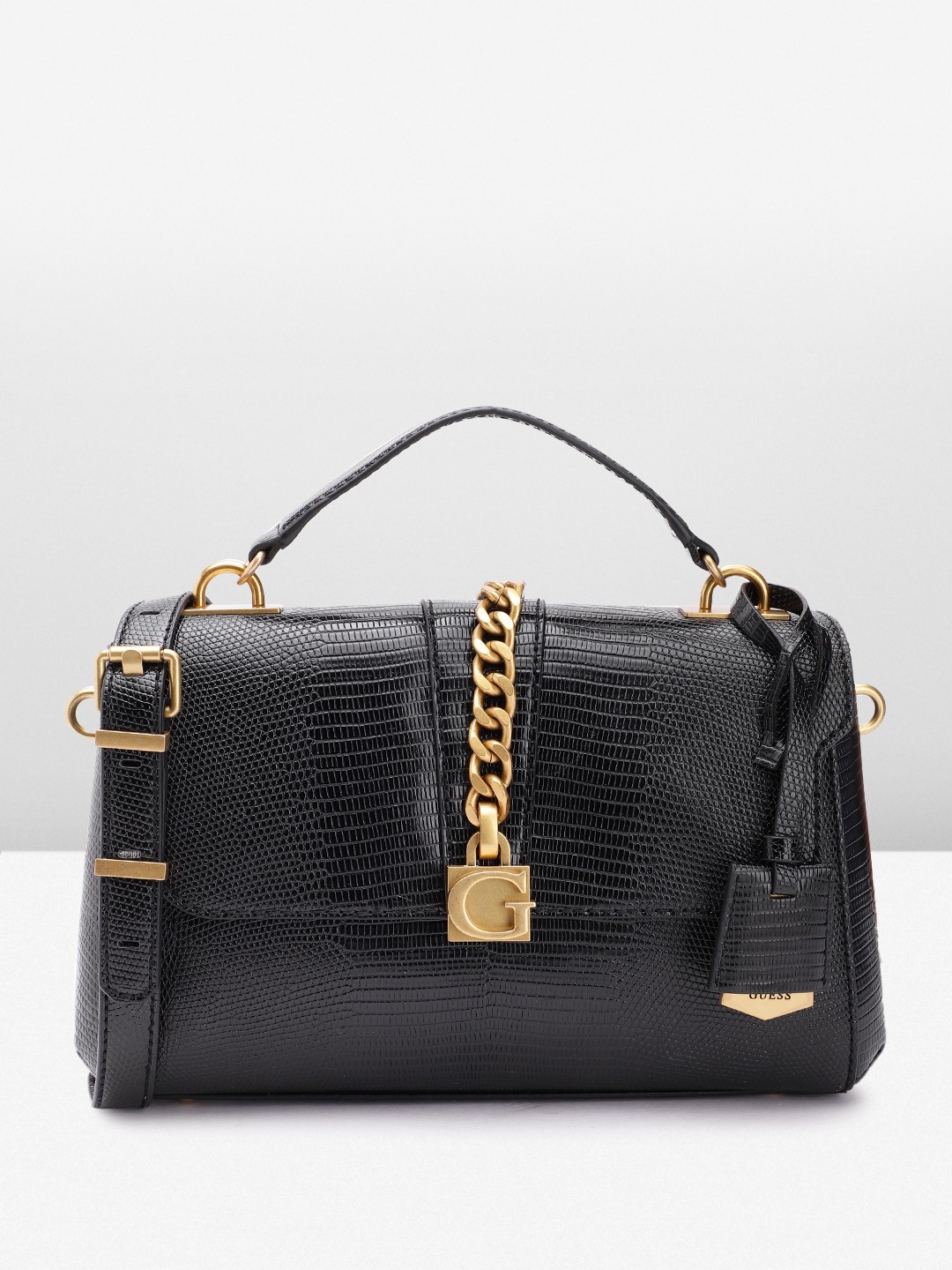 

GUESS Women Snake Skin Textured Structured Satchel Bag with Chain Detail, Black