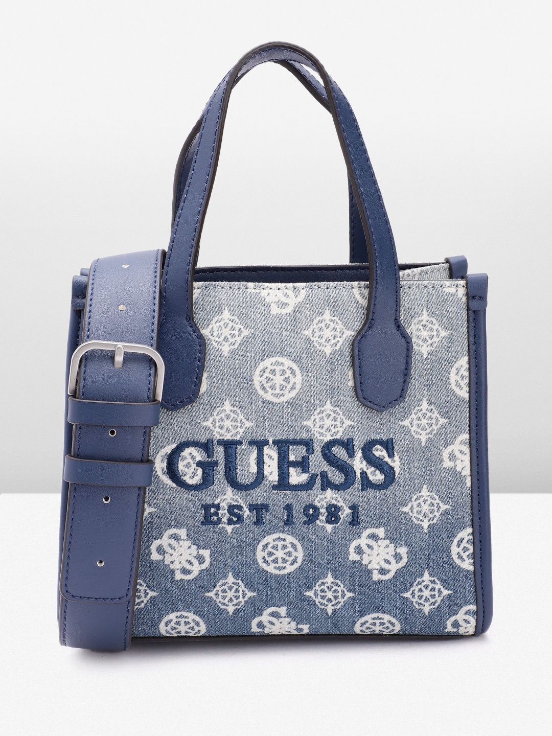 

GUESS Brand Logo Printed Structured Handheld Bag with Embroidered Detail, Blue