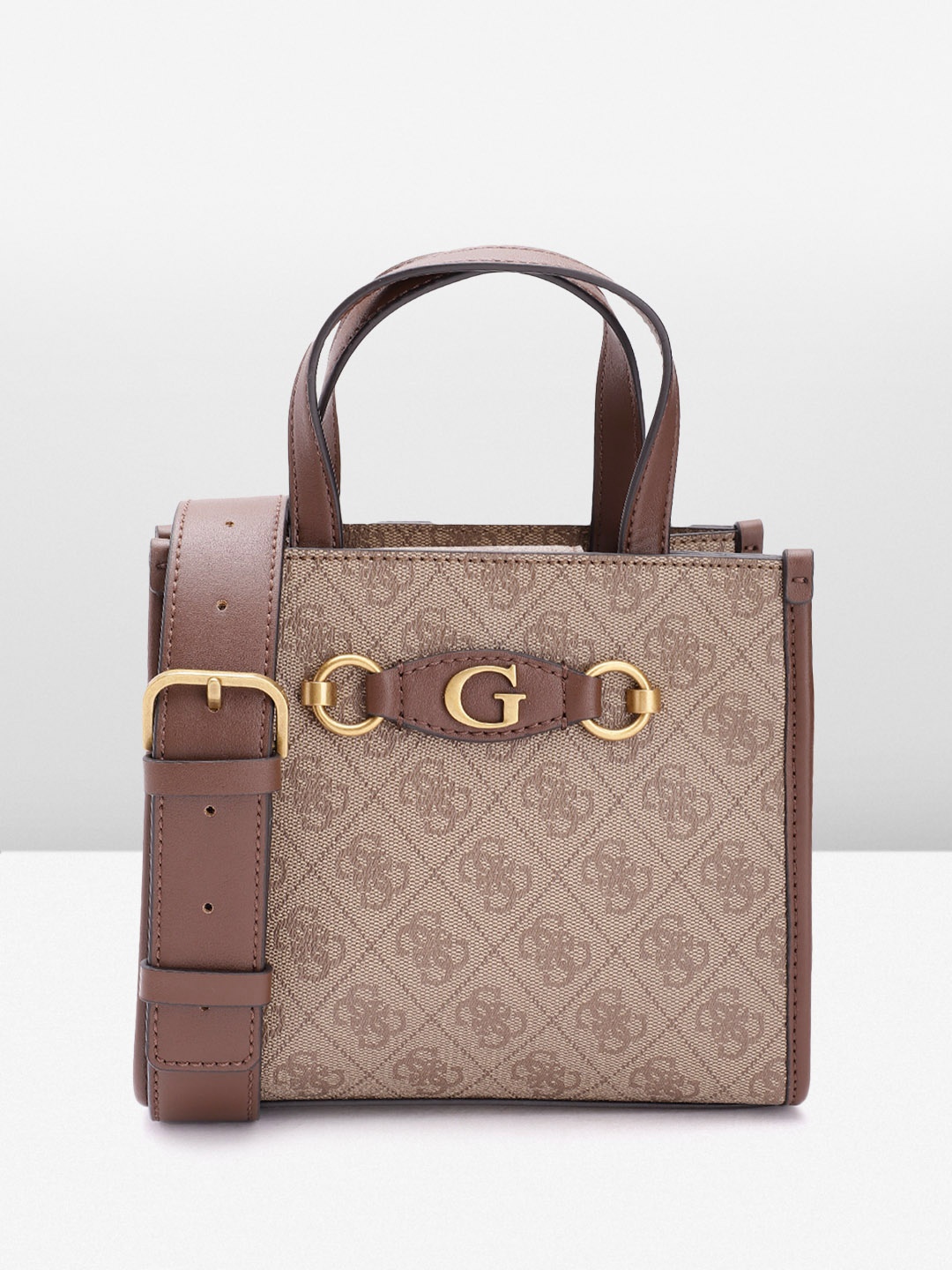 

GUESS Brand Logo Printed Structured Handheld Bag, Brown