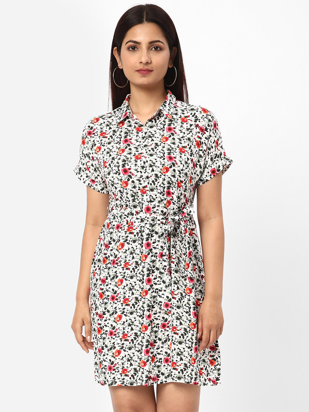 

R&B White Floral Print Shirt Collar Tie-Ups Detail Shirt Dress