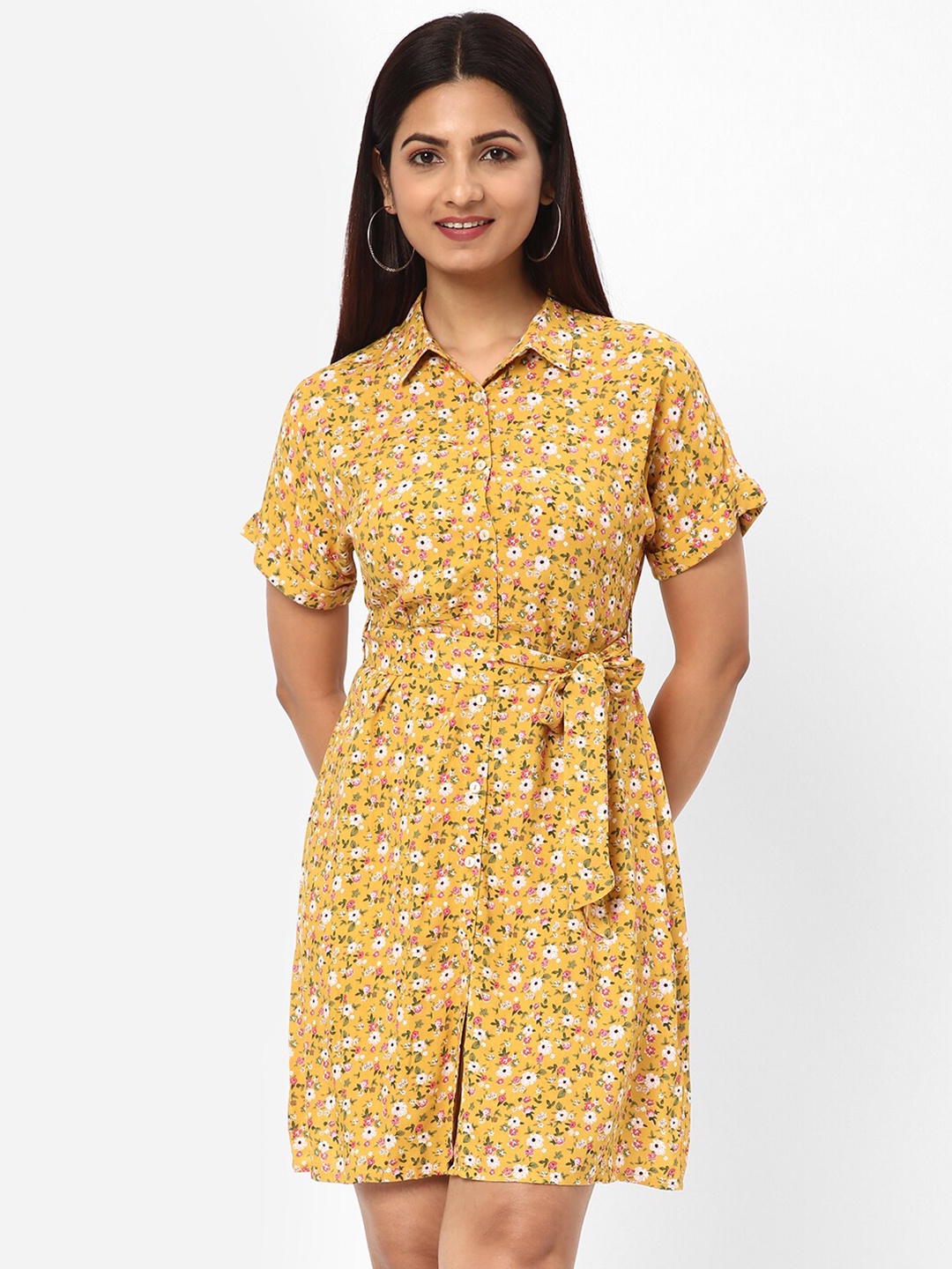 

R&B Floral Printed Shirt Collar Tie-Ups Detail Shirt Dress, Yellow