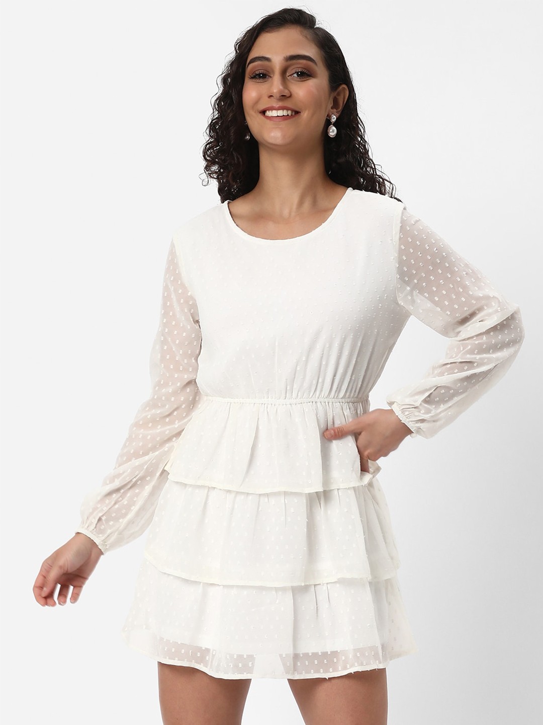 

R&B Self Design Layered Fit & Flare Mini Dress, White