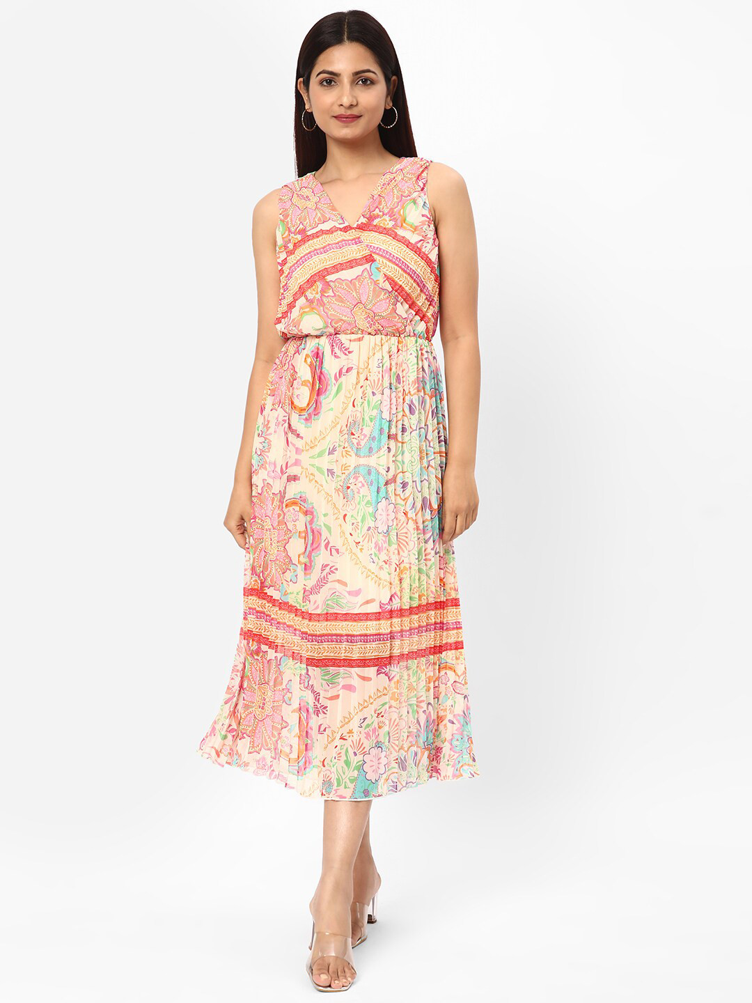 

R&B Floral Printed V-Neck Pleated Fit & Flare Midi Dress, Beige