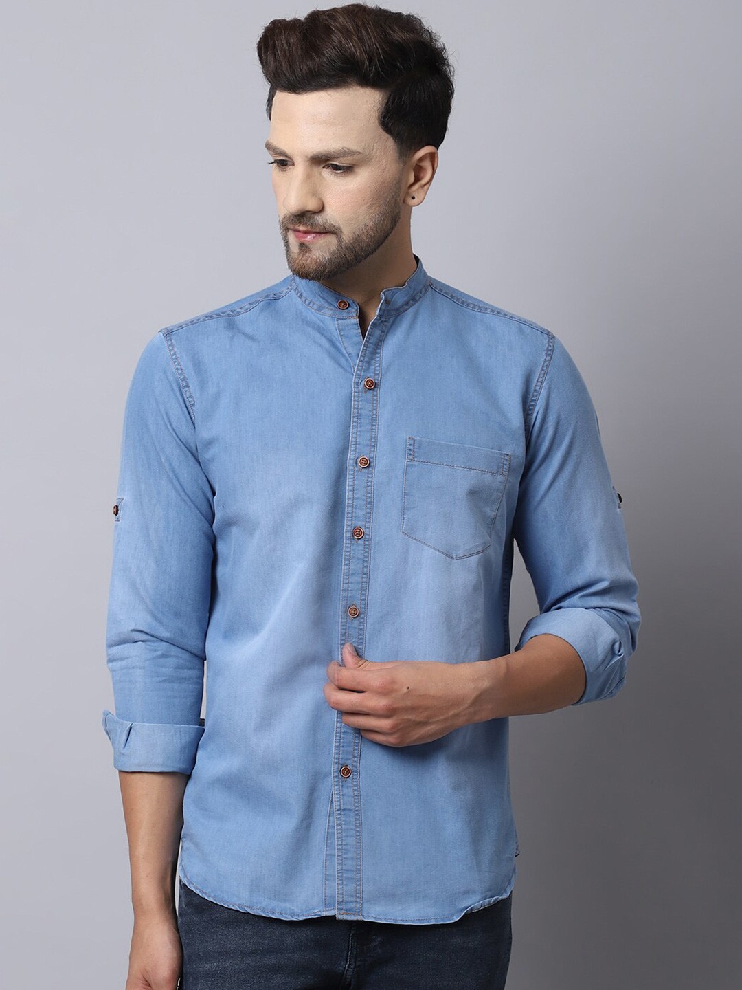 

Metronaut Original Mandarin Collar Pure Cotton Casual Shirt, Blue