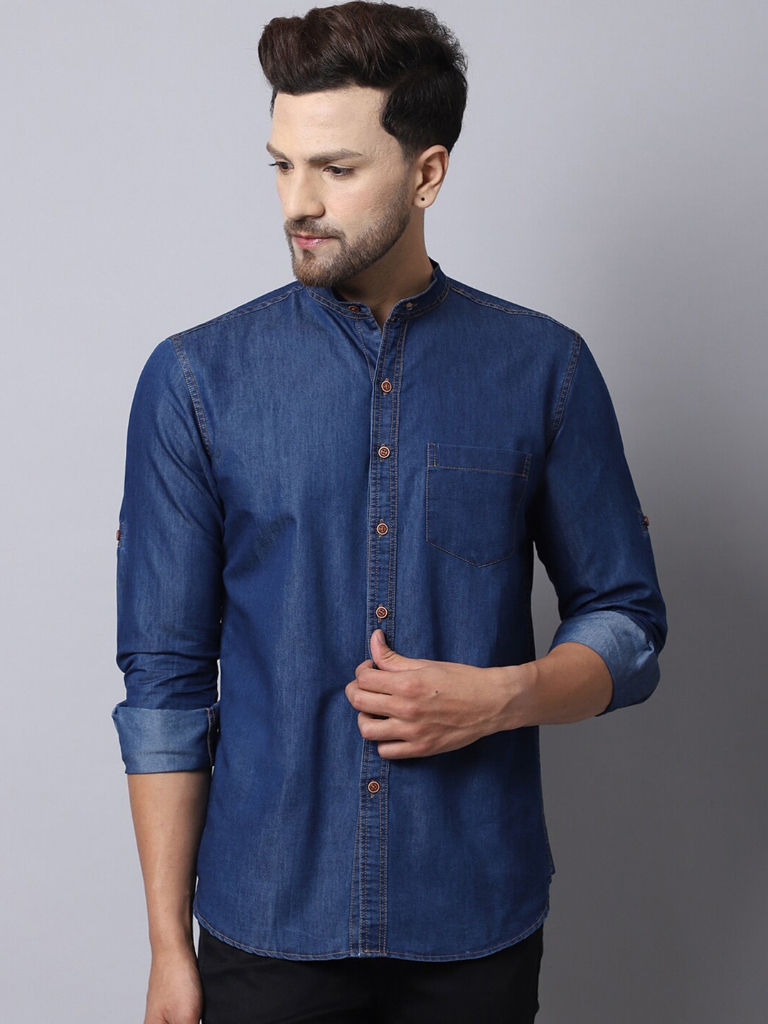 

Metronaut Original Mandarin Collar Pure Cotton Casual Shirt, Blue