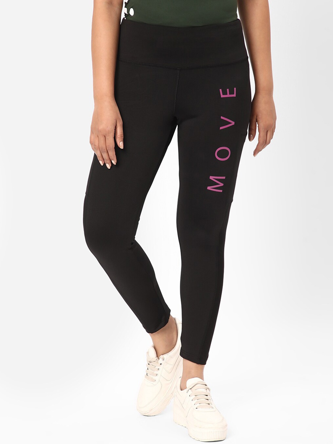 

R&B Women Typography Printed Mid-Rise Training Cotton Sports Tights, Black