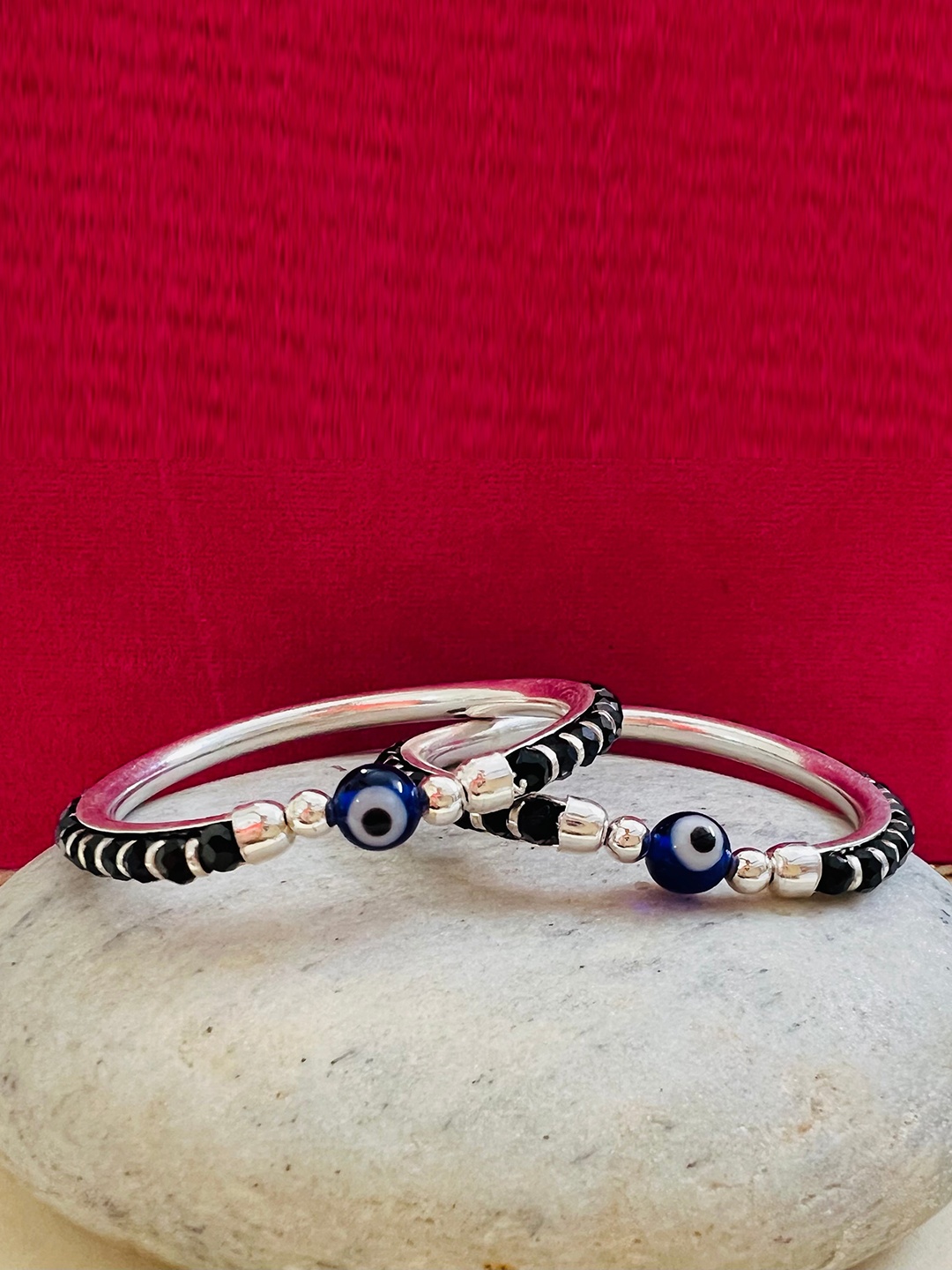 

Arte Jewels Kids Set Of 2 Silver Evil Eye Charm Beaded Bangles