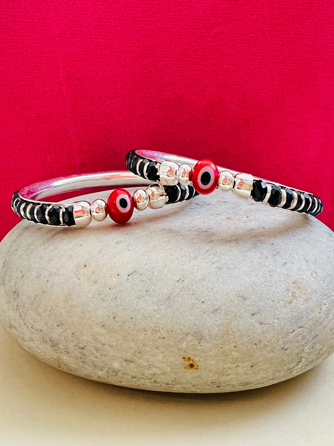 

Arte Jewels Kids Set Of 2 Silver Evil Eye Charm Beaded Bangles