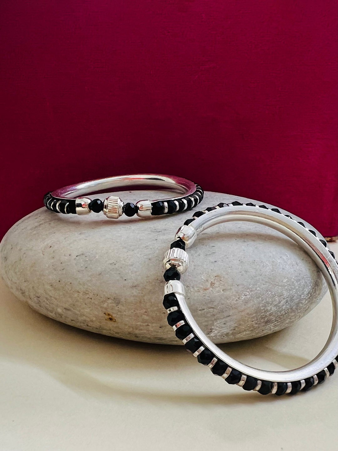 

Arte Jewels Kids Set Of 2 Silver Charm Beaded Bangles