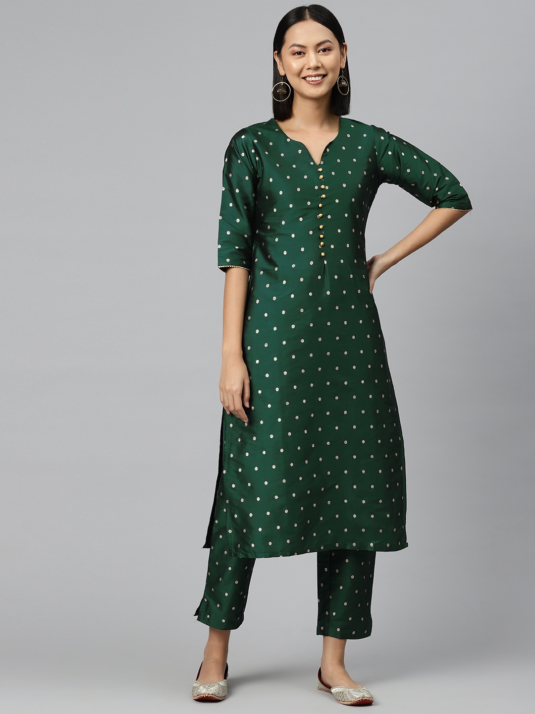 

V TRADITION Printed Sweetheart Neck Kurta with Trousers, Green