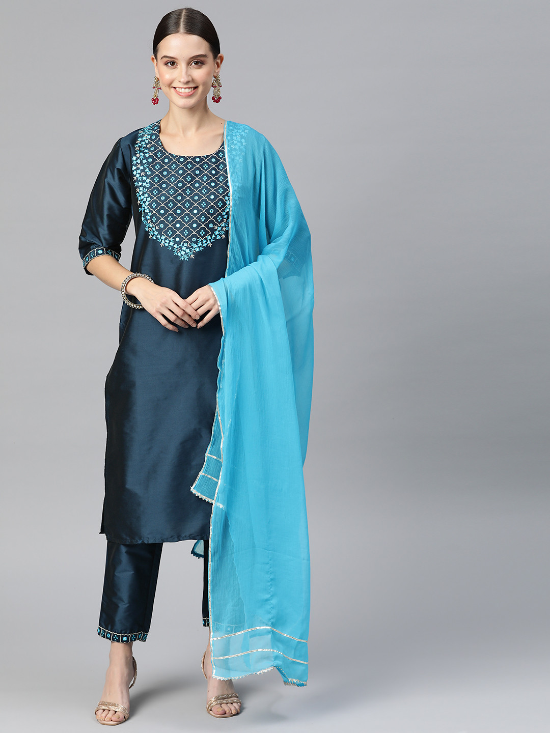 

V TRADITION Ethnic Motifs Embroidered Mirror Work Kurta with Trousers & Dupatta, Blue