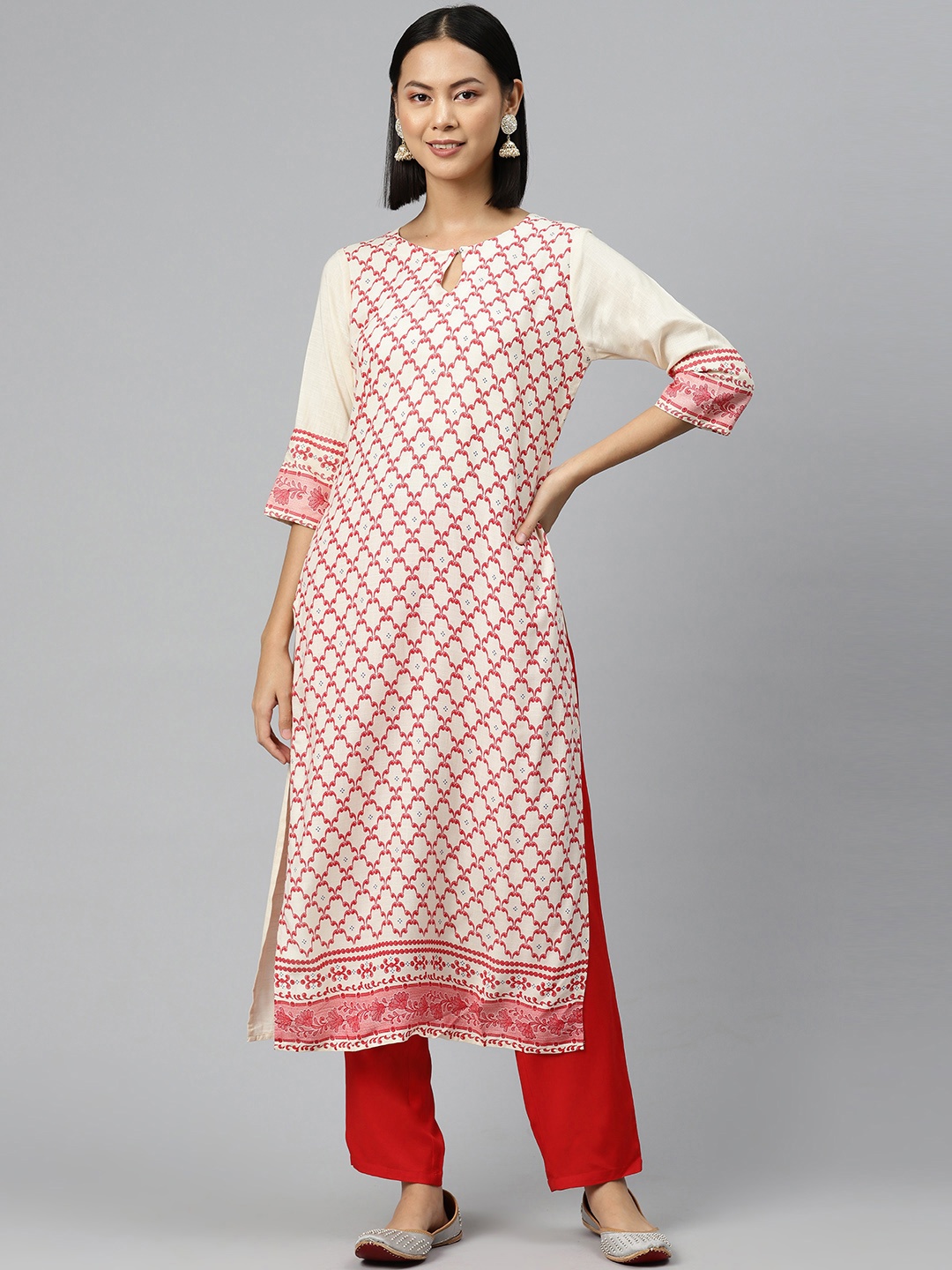 

V TRADITION Ethnic Motifs Printed Keyhole Neck Kurta with Trousers, Off white