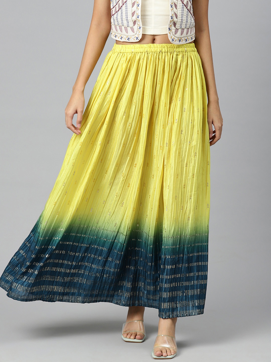 

V TRADITION Ethnic Motifs Printed Accordion Pleated Maxi Ethnic Skirt, Yellow