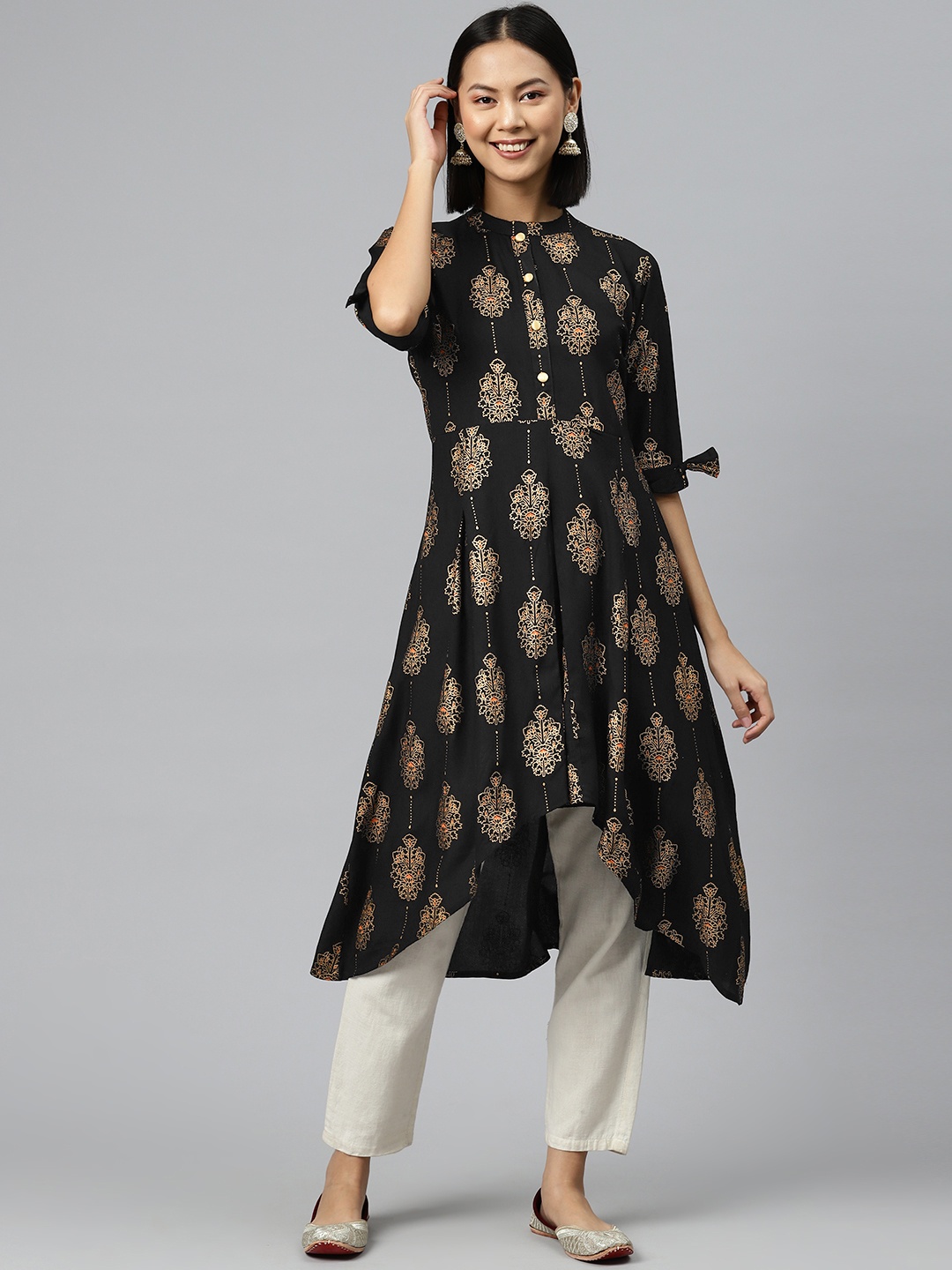 

V TRADITION Ethnic Motifs Printed Mandarin Collar Kurta, Black