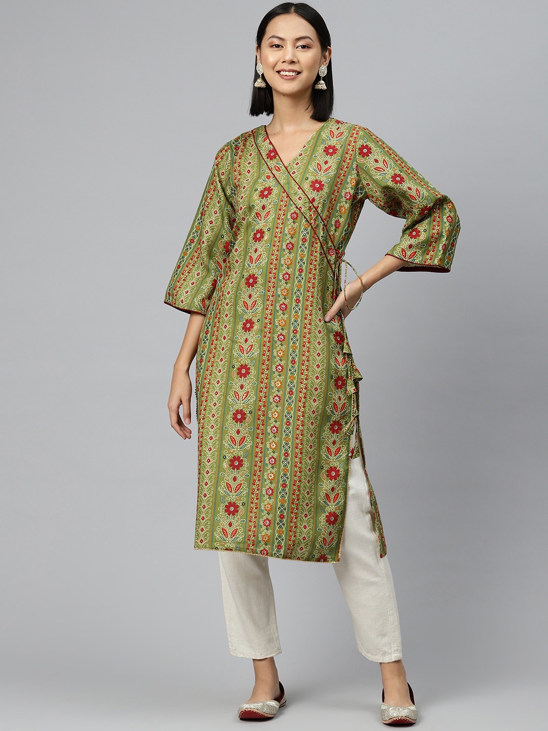 

V TRADITION Ethnic Motifs Printed Flared Sleeves Angrakha Kurta, Green