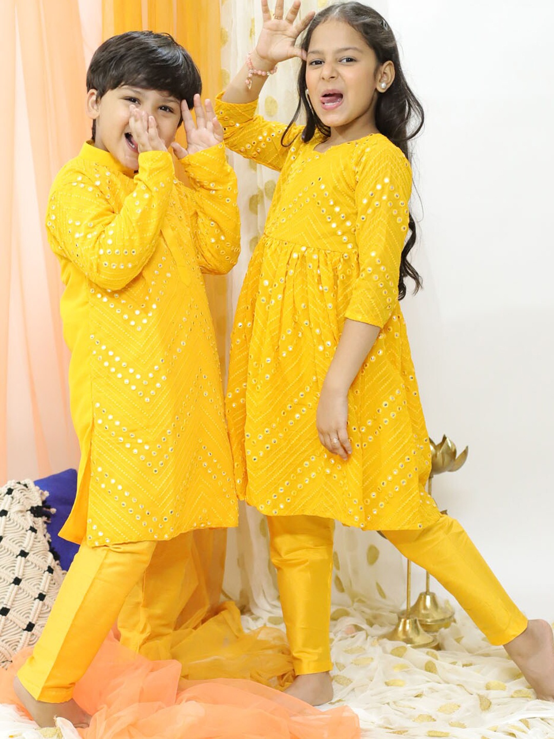 

VASTRAMAY Girls Embroidered Mirror Work Round Neck Kurta With Trousers, Yellow
