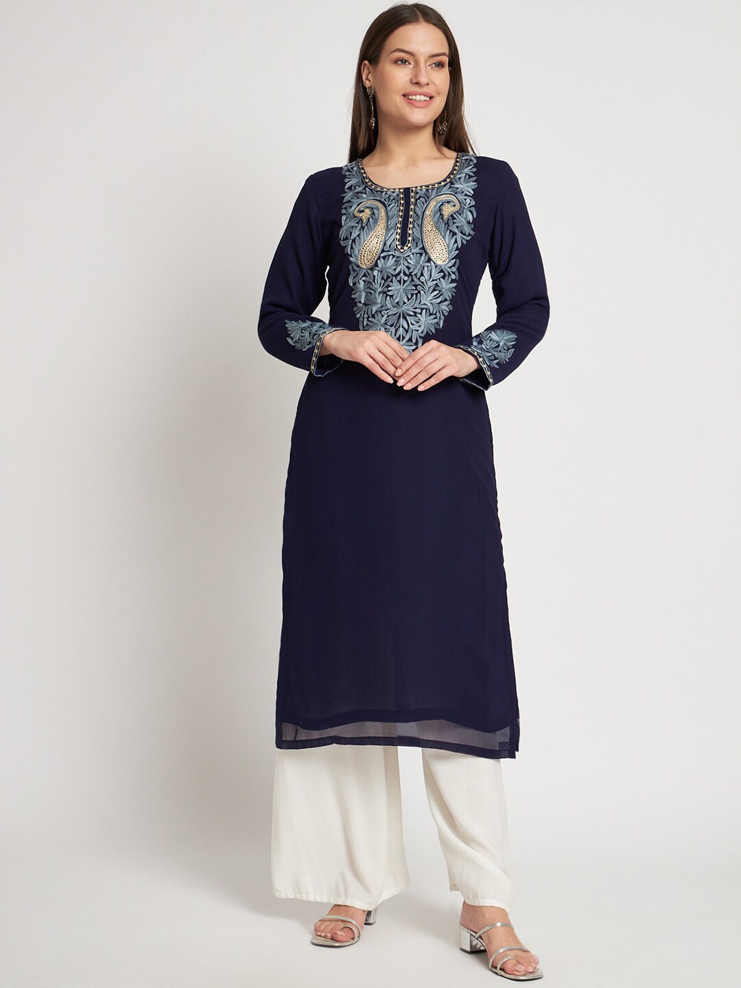 

Zamour Ethnic Motifs Embroidered Unstitched Kurta Material, Navy blue