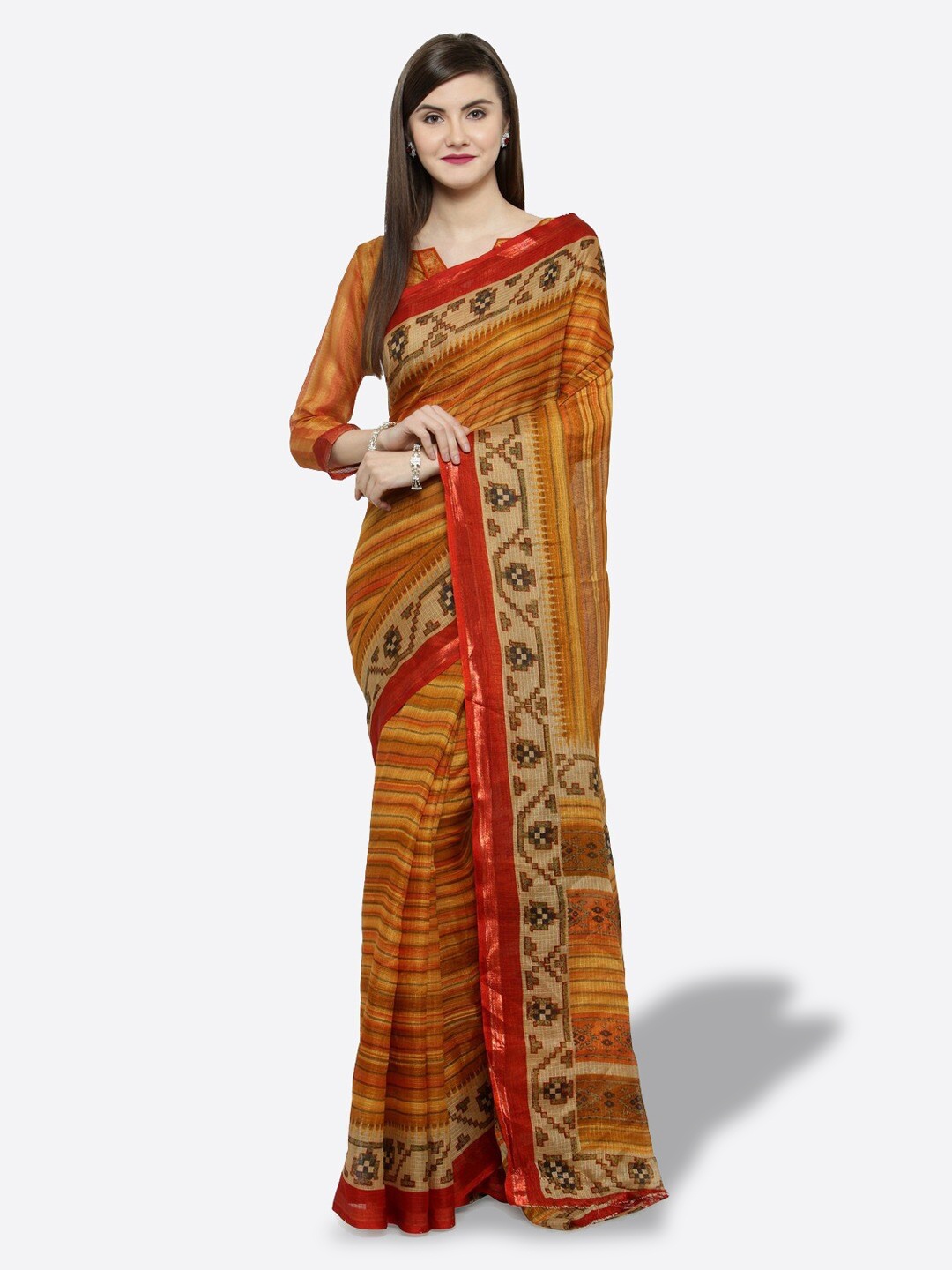 

HRITIKA Striped Silk Cotton Saree, Mustard