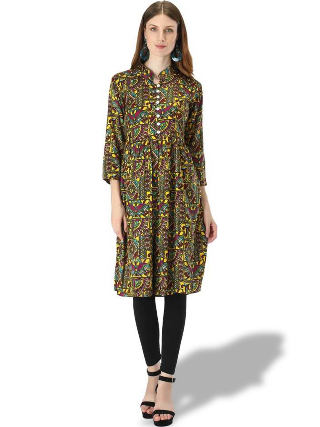 

OCEANISTA Abstract Printed Mandarin Collar A-Line Kurta, Yellow