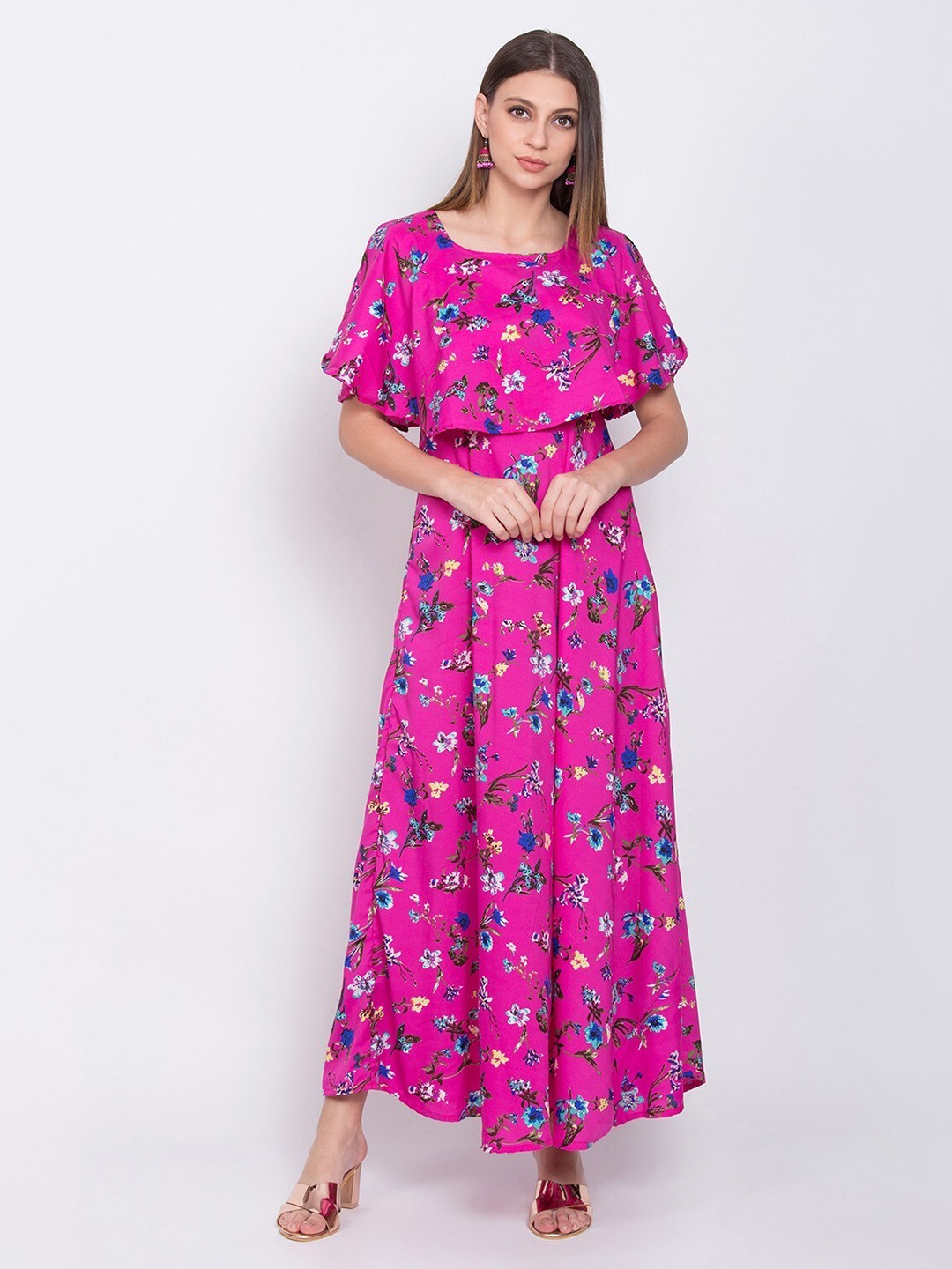 

OCEANISTA Floral Printed Cape Sleeves Maxi Dress, Pink