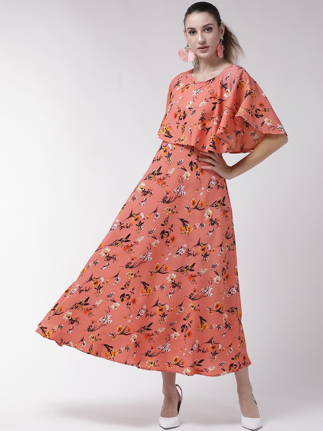 

OCEANISTA Floral Printed Cape Sleeves A-Line Dress, Orange
