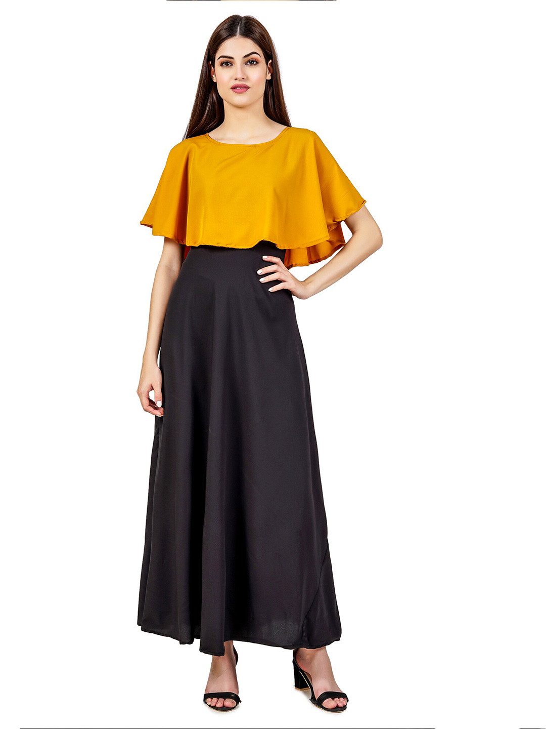 

OCEANISTA Round Neck Cape Sleeves Maxi Dress, Yellow