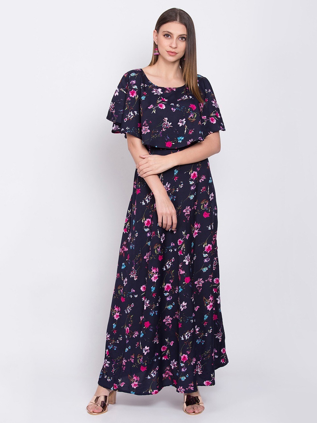 

OCEANISTA Floral Printed Cape Sleeves Maxi Dress, Blue