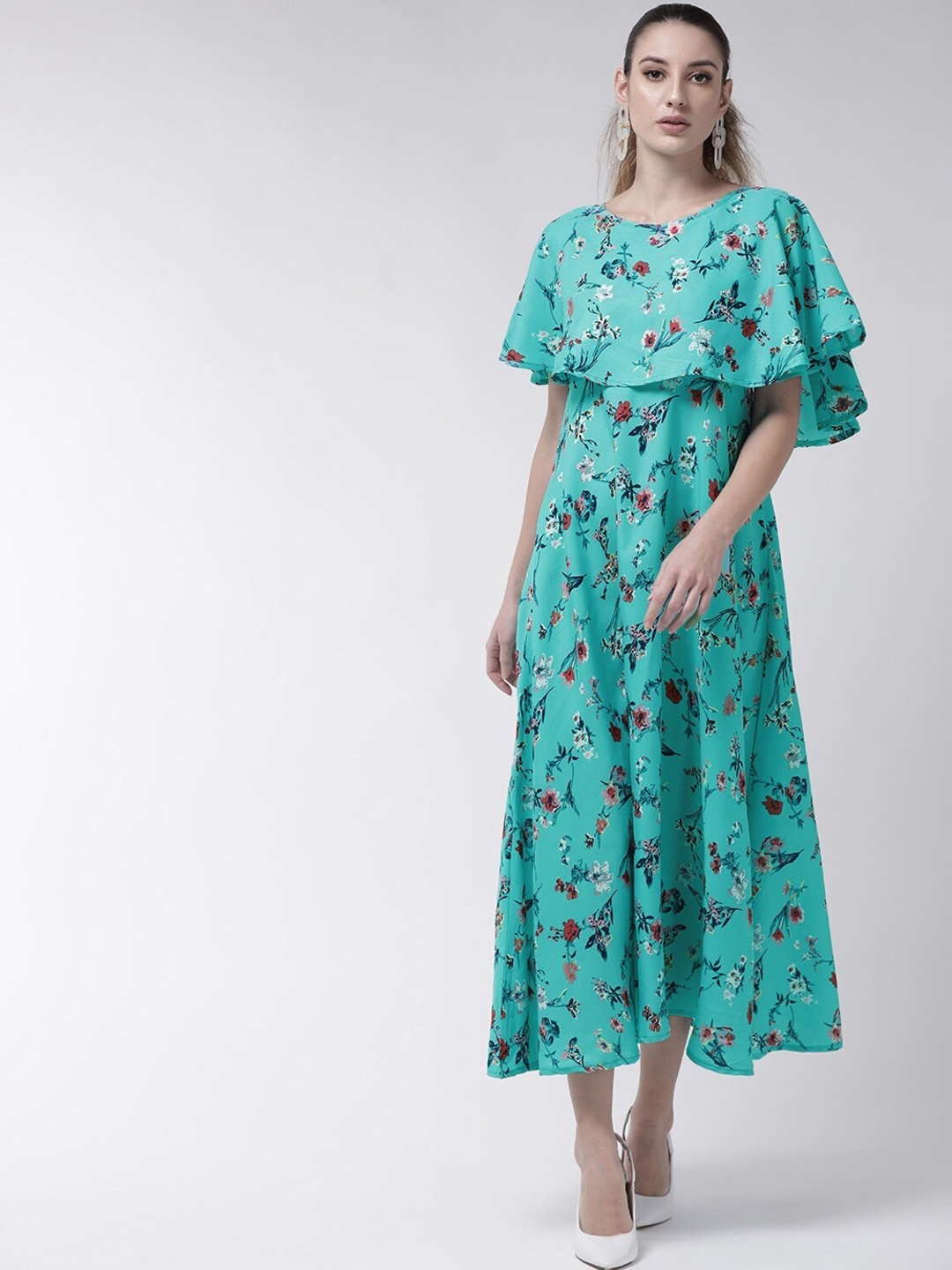 

OCEANISTA Floral Printed Cape Sleeves A-Line Dress, Turquoise blue