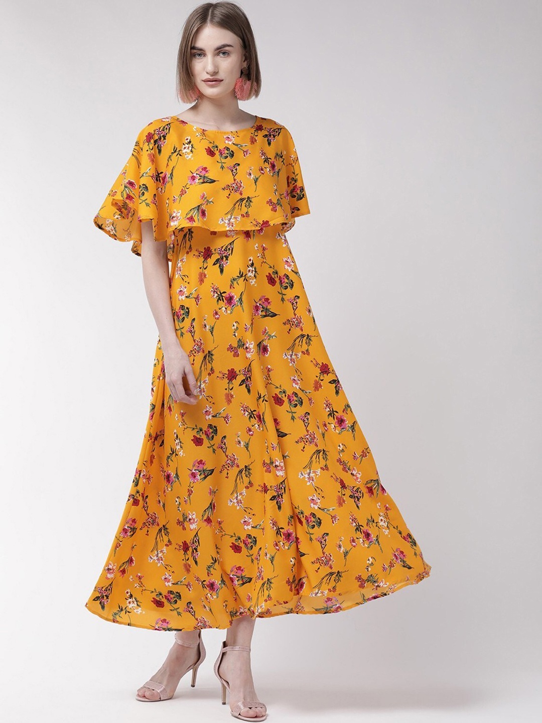 

OCEANISTA Floral Printed Cape Sleeves A-Line Dress, Yellow