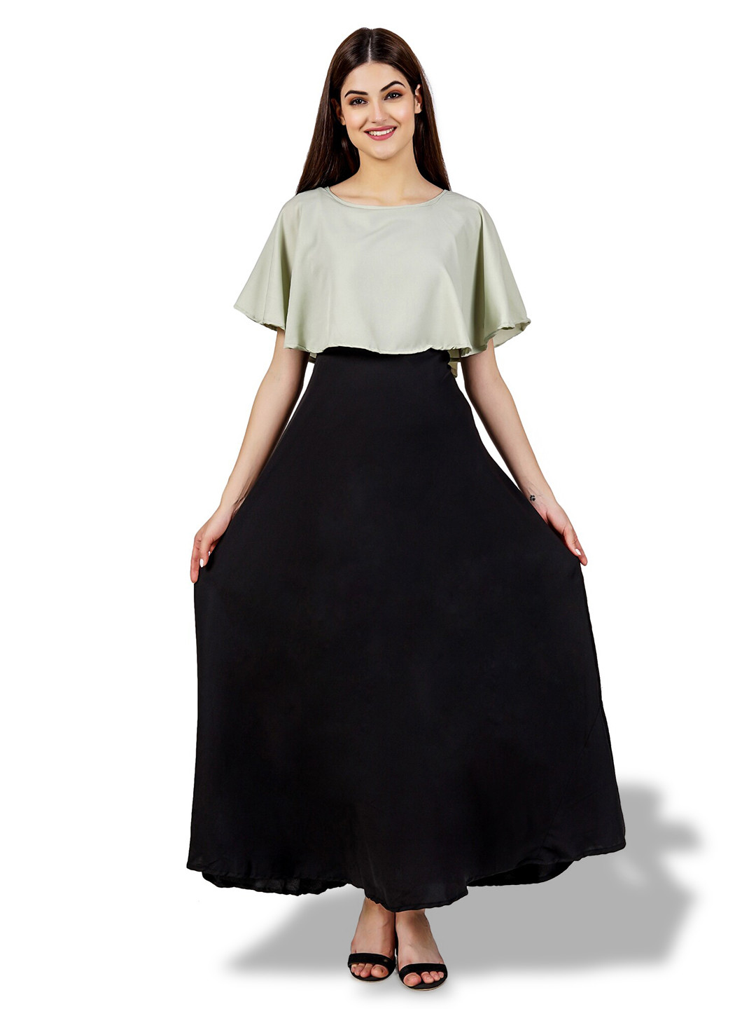 

OCEANISTA Round Neck Cape Sleeves Maxi Dress, Green