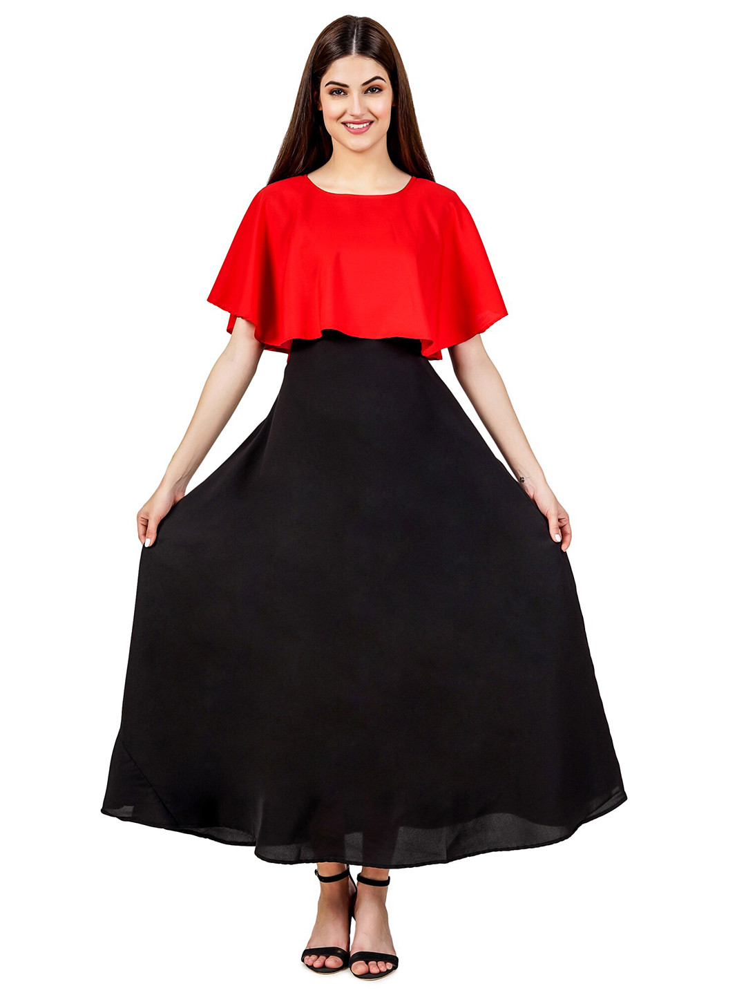 

OCEANISTA Round Neck Cape Sleeves Maxi Dress, Red