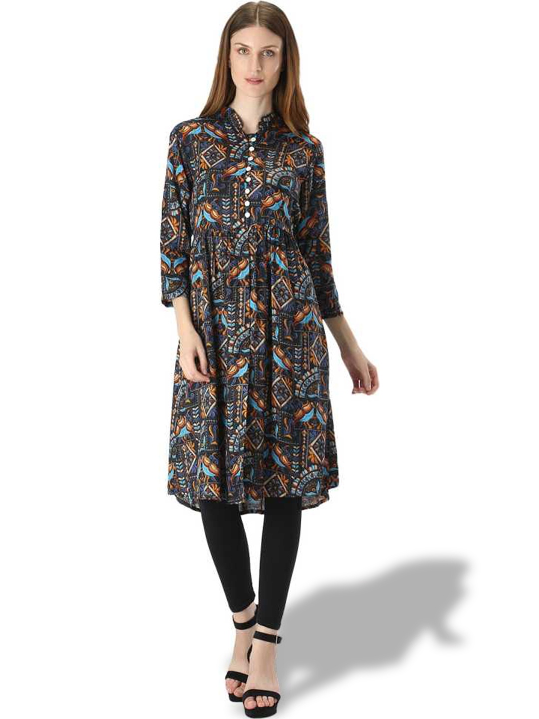 

OCEANISTA Abstract Printed Mandarin Collar A-Line Kurta, Grey