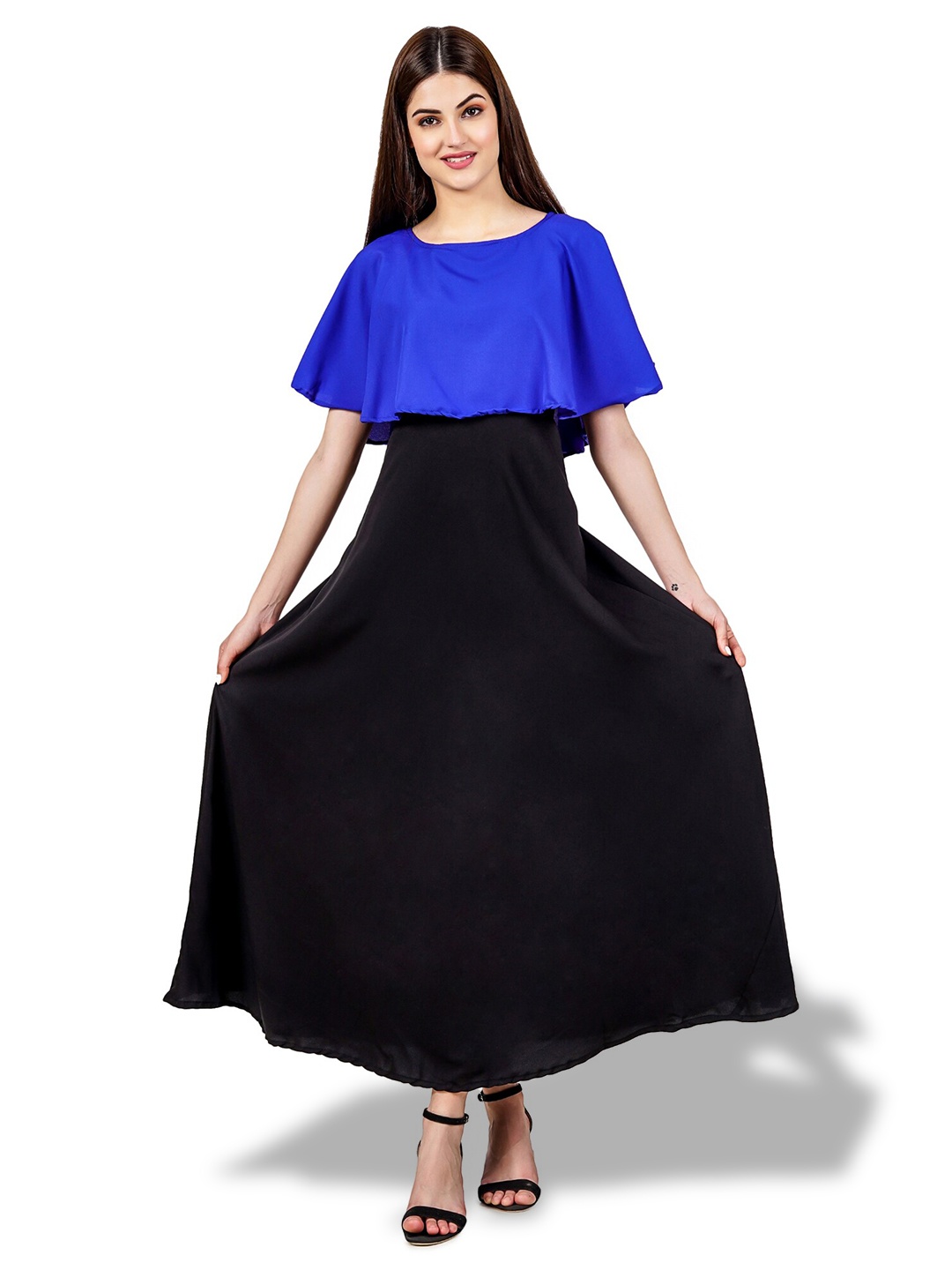 

OCEANISTA Round Neck Cape Sleeves Maxi Dress, Blue