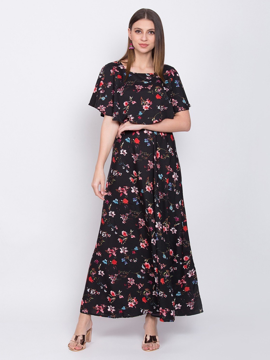 

OCEANISTA Floral Printed Cape Sleeves Maxi Dress, Black