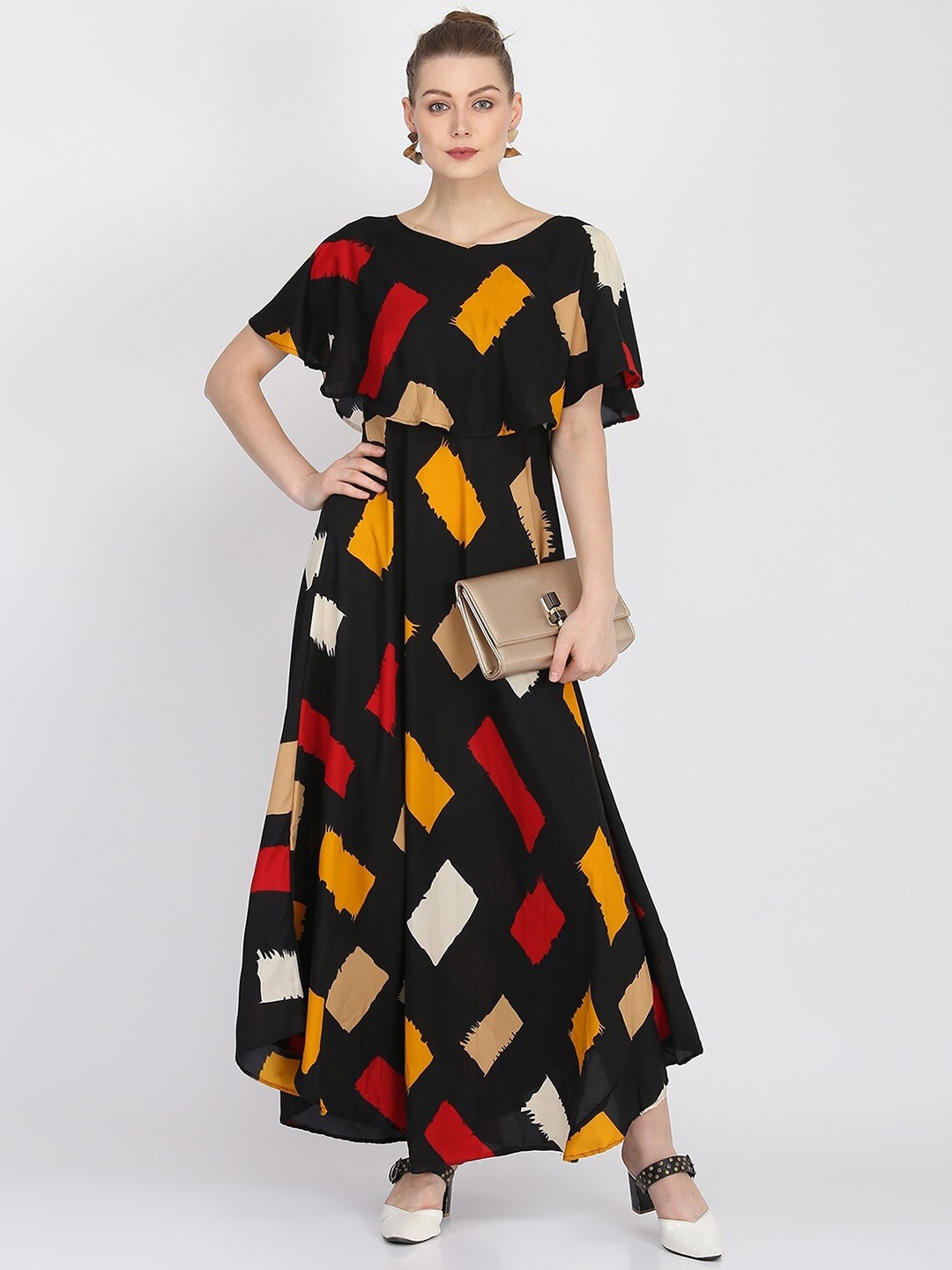 

OCEANISTA Geometric Printed Cape Sleeves Maxi Dress, Black