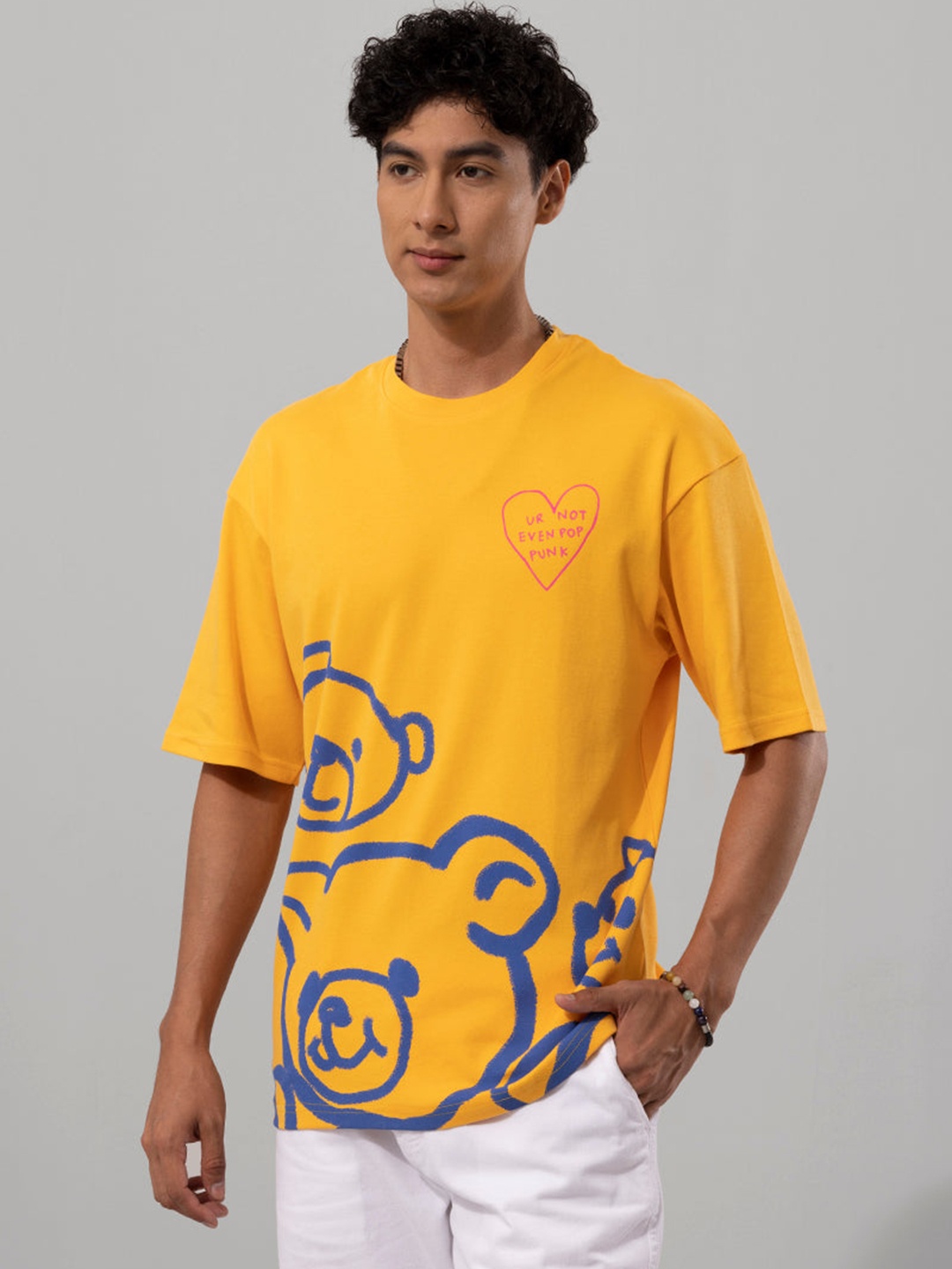 

Snitch Yellow Graphic Printed Drop-Shoulder Sleeves Oversized Cotton T-shirt