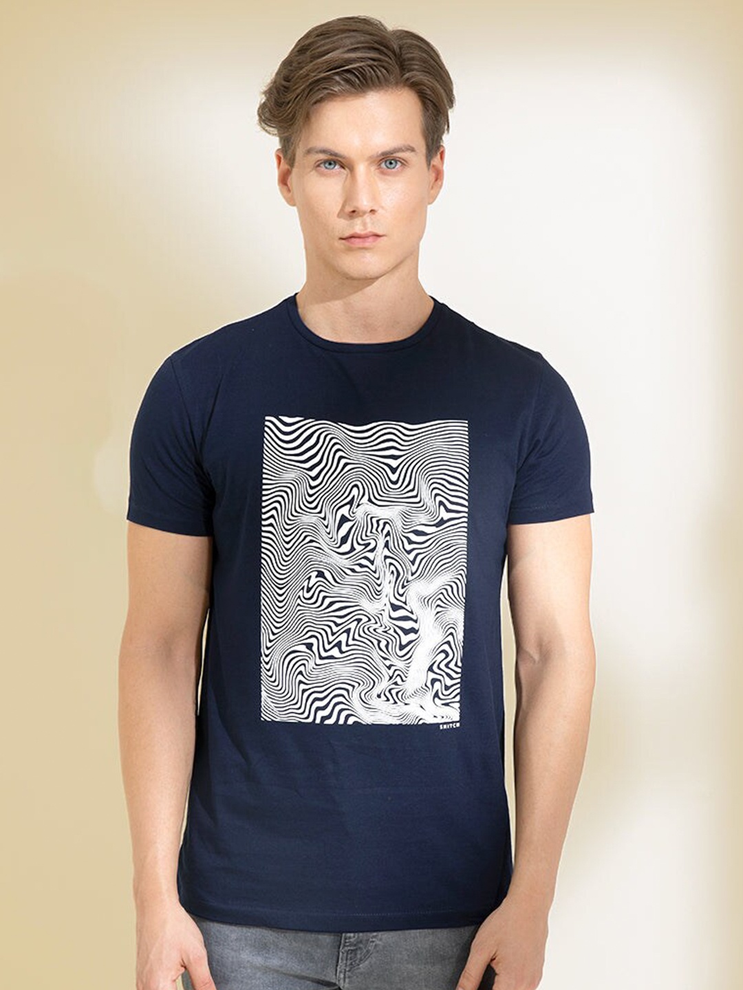 

Snitch Navy Blue Graphic Printed Cotton Slim Fit T-Shirt