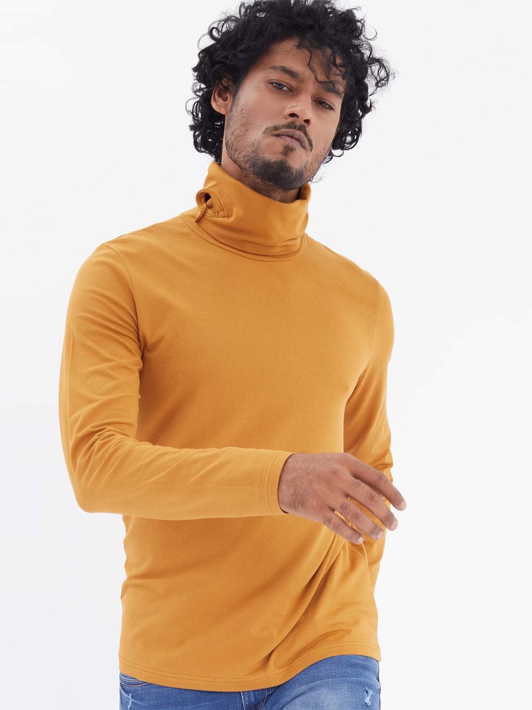 

Snitch Mustard Yellow High Neck Cotton T-shirt