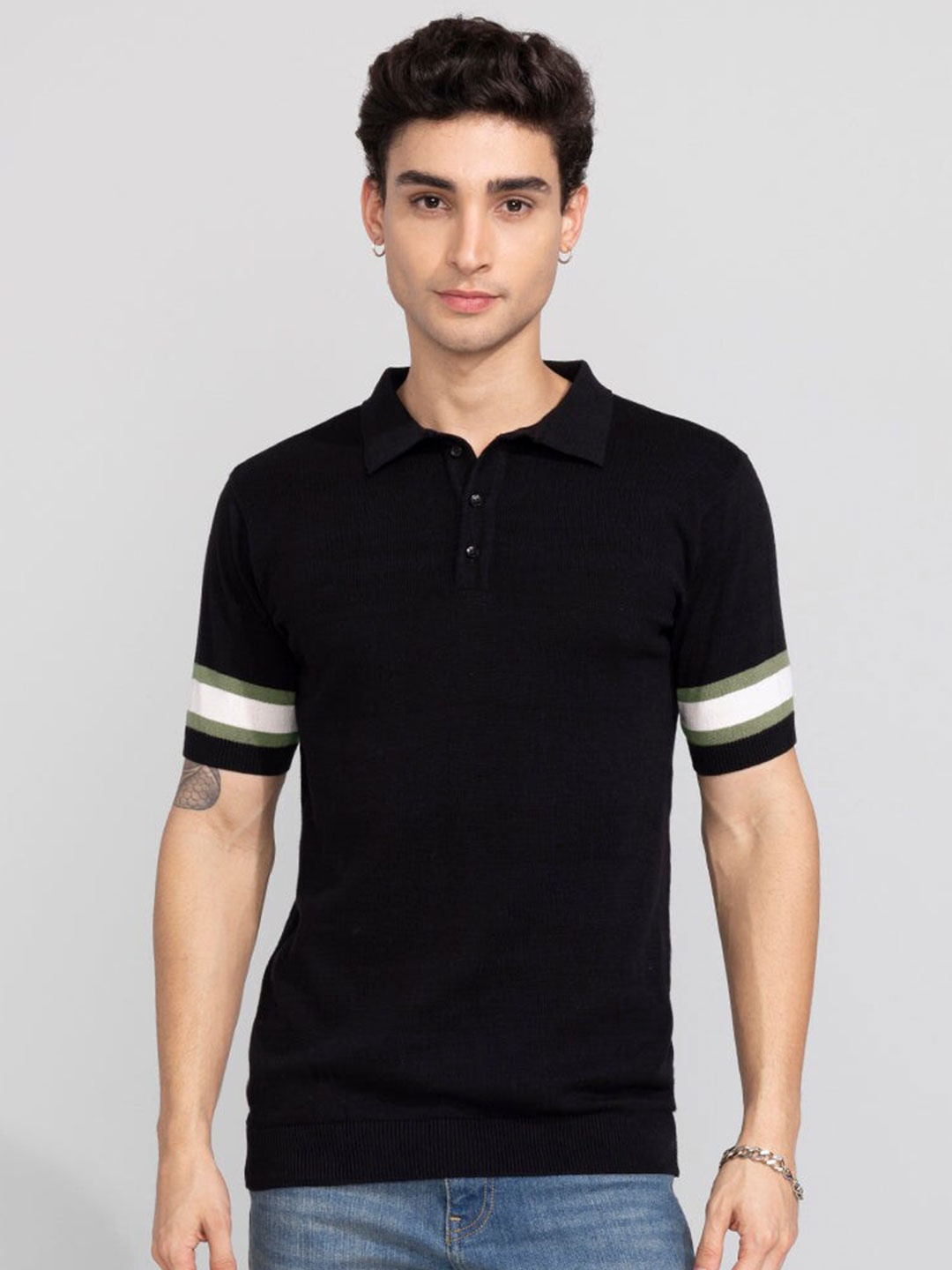 

Snitch Black Polo Collar Cotton T-shirt