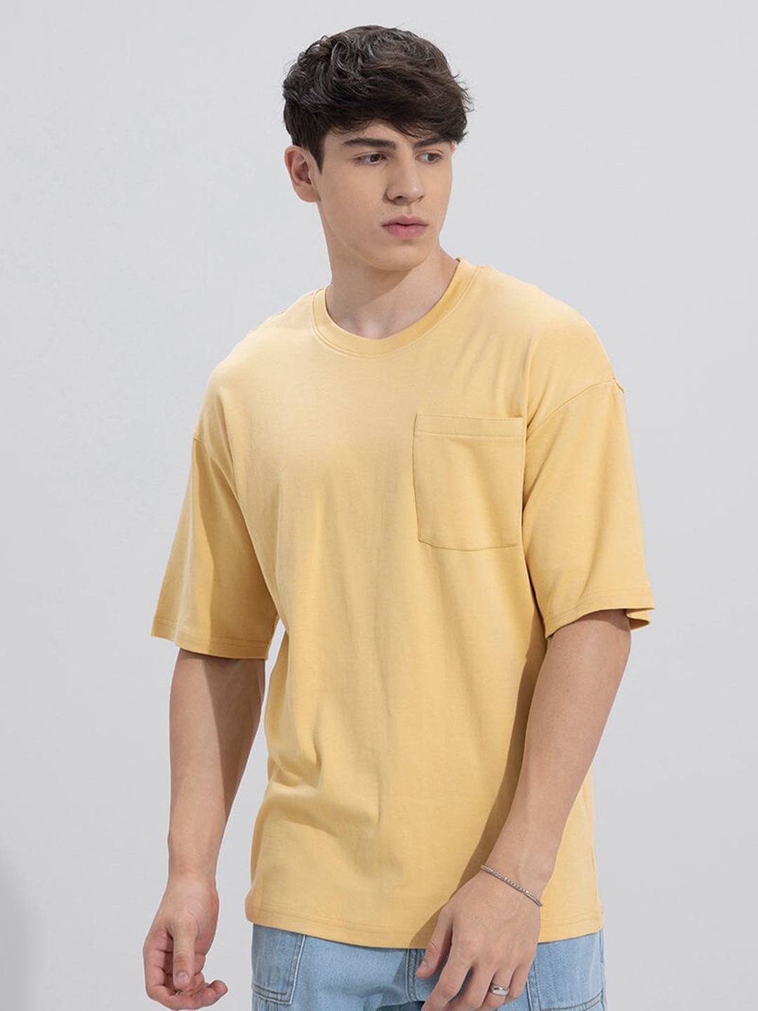 

Snitch Mustard Yellow Drop Shoulder Sleeves Oversized Cotton T-shirt