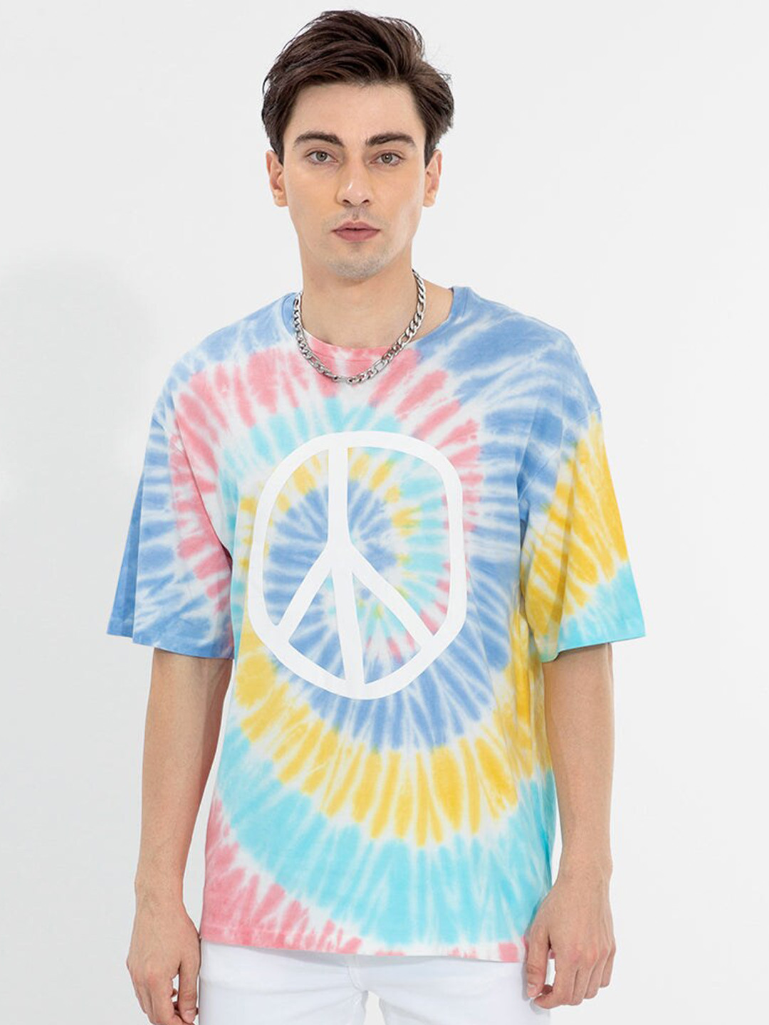 

Snitch Blue Tie & Dye Drop-Shoulder Sleeves Cotton T-shirt
