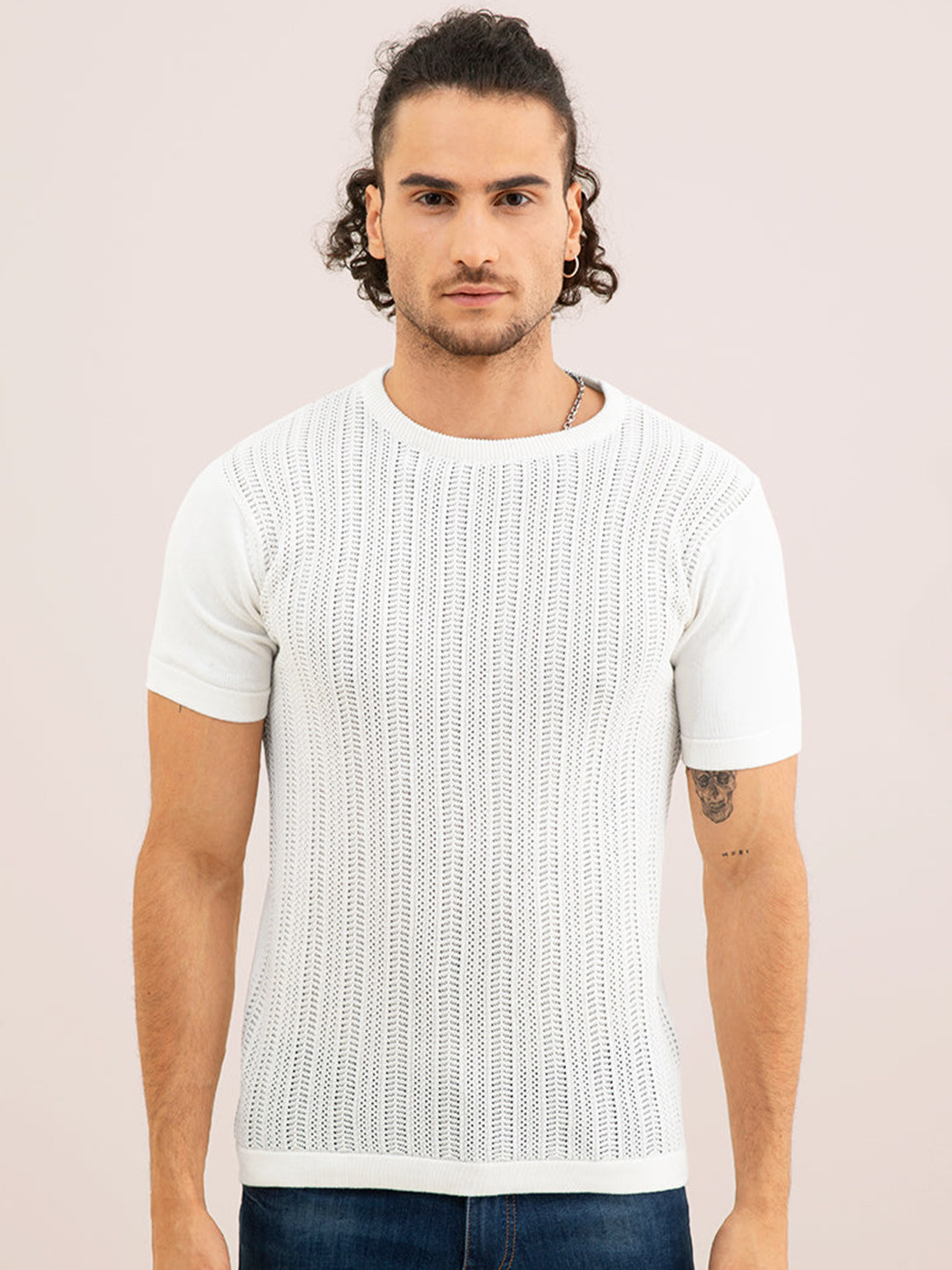 

Snitch White Striped Cotton Slim Fit T-shirt