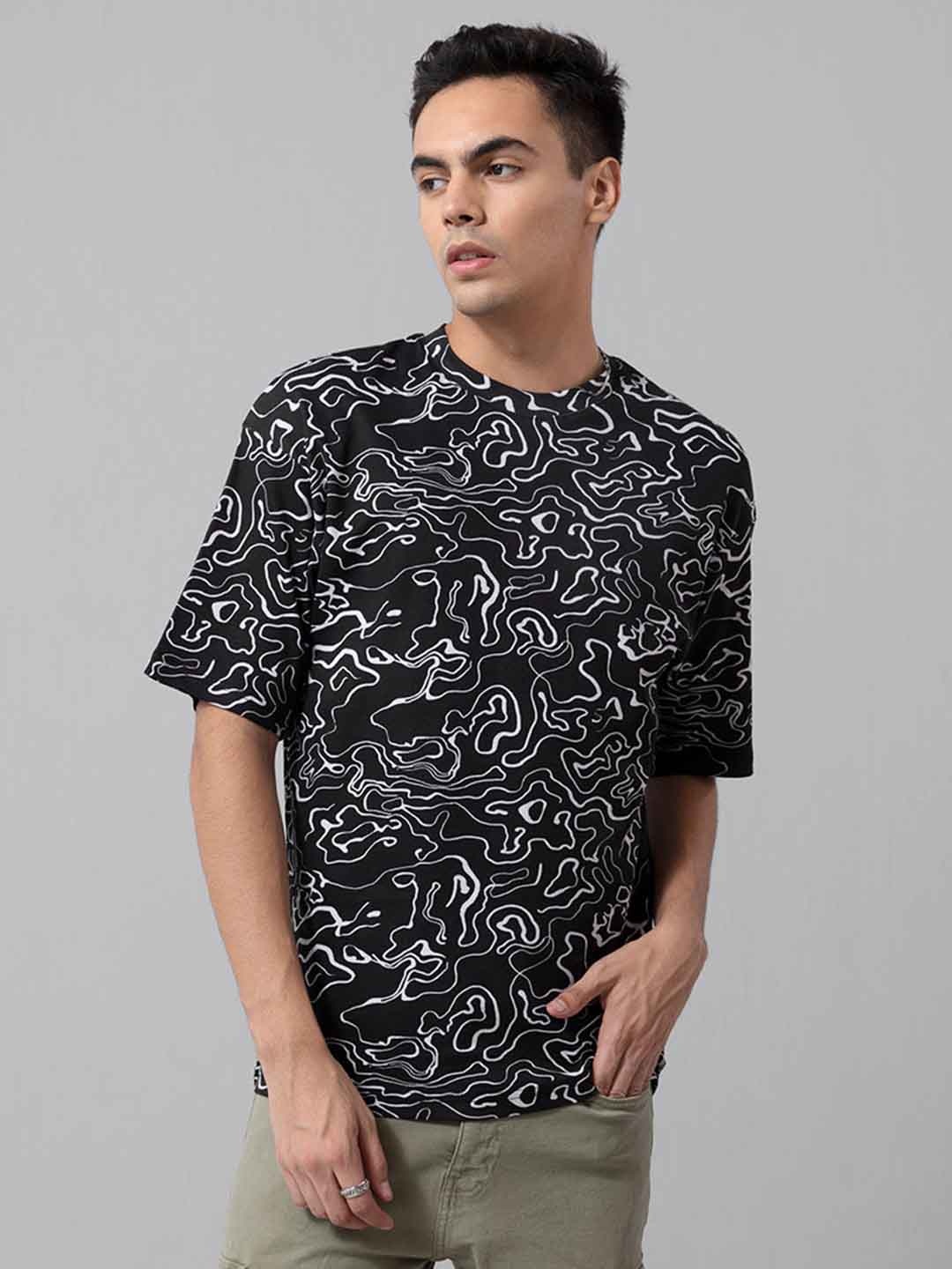 

Snitch Black Abstract Printed Drop-Shoulder Sleeves Oversized Cotton T-shirt